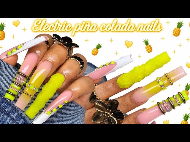 ELECTRIC PIÑA COLADA NAILS 🍍✨ | 3D Summer Nail Tutorial