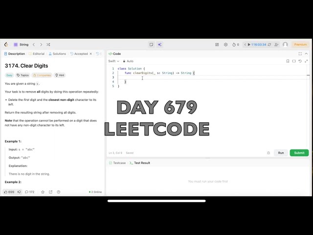 Day 679: LeetCode Problem 3174. Clear Digits - Swift