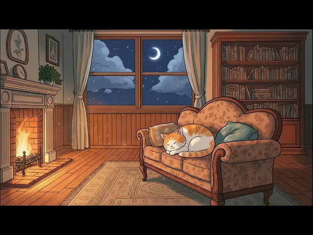 Evening Lofi Ambience 🌙 Peaceful Cat, Books & Warm Candlelight