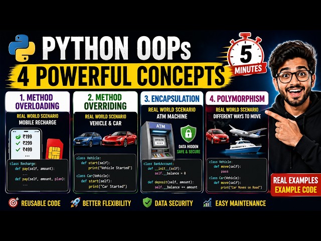 🚀 Python OOPs Explained in 5 Minutes | Method Overloading, Overriding, Encapsulation & Polymorphism