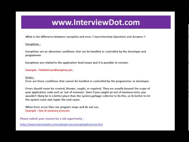 what is the difference between exception and error job java interview question