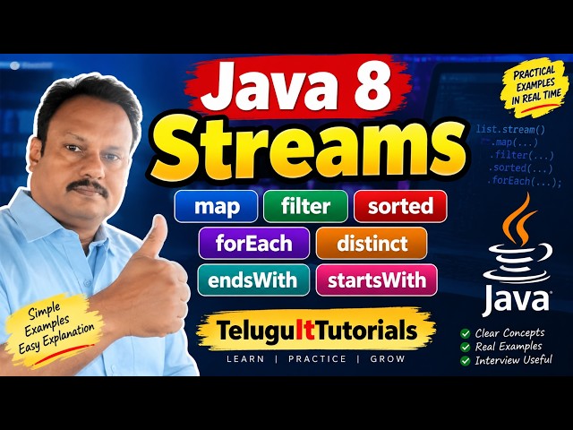 Java 8 Streams Tutorial in Telugu | map, filter, sorted, forEach, distinct, startsWith, endsWith