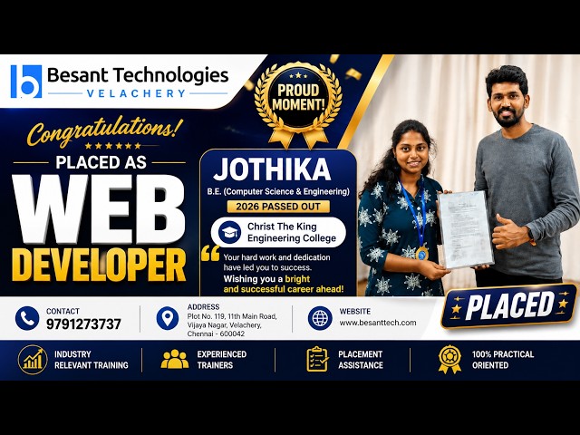 🎉 Web Developer Placement Success | Besant Technologies Velachery | Jothika Placed as Web Developer