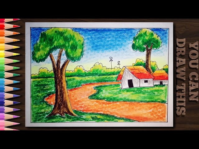 Village Scenery Drawing with Colour Pencil 🎨 | Easy Step by Step Landscape Drawing Tutorial