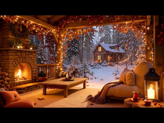 First Snowfall Cabin Ambience ❄️ Cozy Winter Porch with Crackling Fire & Falling Snow