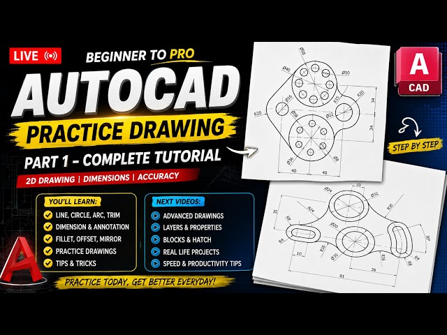 AutoCAD for Beginners LIVE | Easy Practice Drawing Step by Step