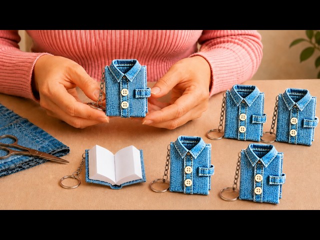 I Turned OLD JEANS Into a Beautiful Shirt Shaped Mini Book Keychain 💙 DIY Recycling