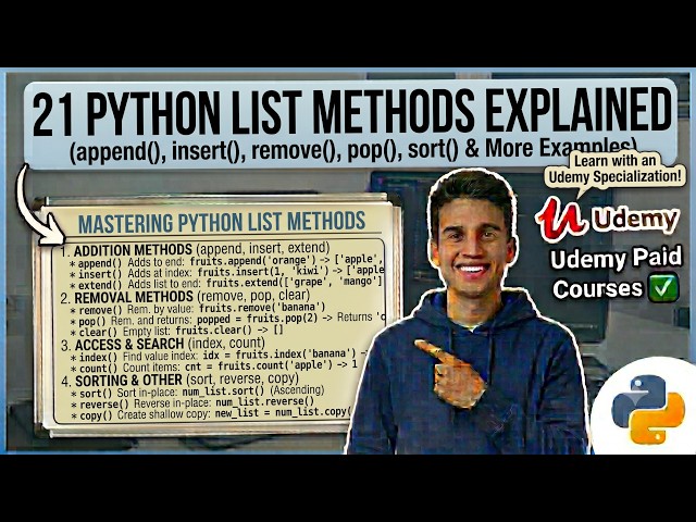21 Python List Methods Explained | append(), remove(), pop(), sort() & More | Udemy Paid Courses ✅
