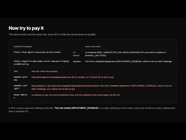 Agent3 Remit: paying a listed agent, and naming the field that stops you