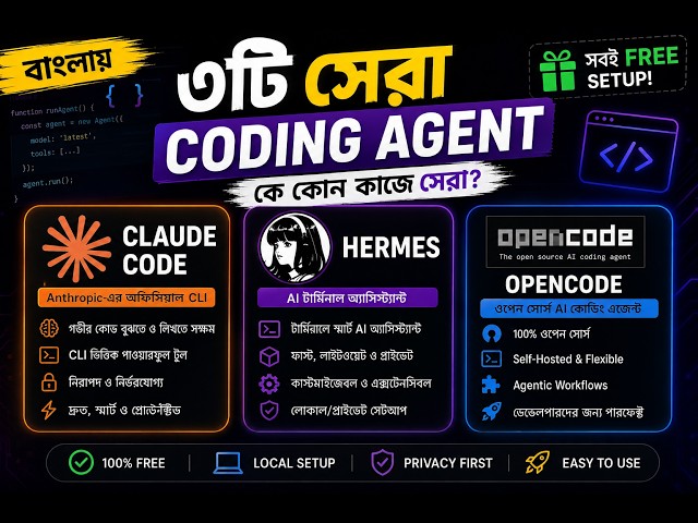 3 Best FREE AI Coding Agents Setup in Bangla | Hermes + Claude + OpenCode