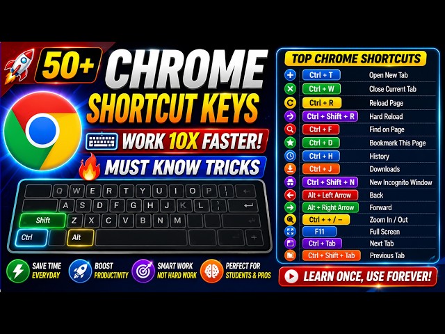 50+ GOOGLE CHROME SHORTCUT KEYS YOU MUST KNOW 🔥 | WORK 10X FASTER ⚡ | COMPLETE CHROME TUTORIAL