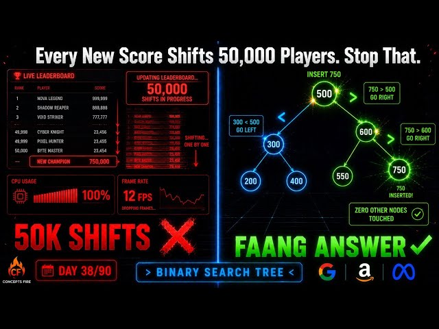 DSA Day 38/90: Sorted Arrays Kill Live Leaderboards — Binary Search Tree Fix | Concepts Fire