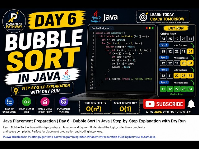 Java Placement Preparation | Day 6 - Bubble Sort in Java | Step-by-Step Dry Run | Beginners