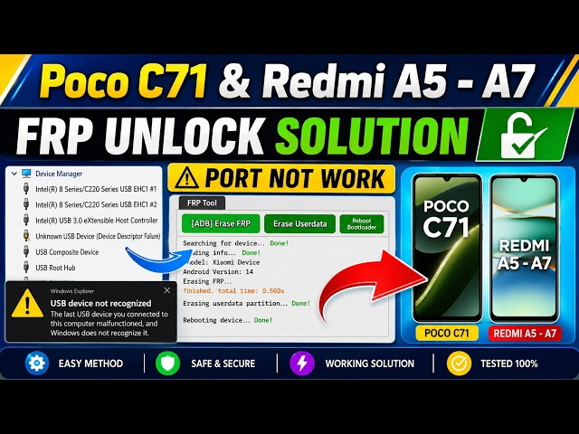 POCO C71 &  Redmi A5 -A7  FRP Unlock Fastboot Mode One Click 100% Working Method | USB Error Fix