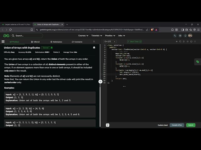 Union of Arrays with Duplicates | GFG Solution in C++ | Hash Set Approach Explained