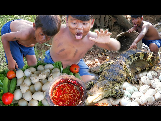 Primitive Technology - Survival cooking crocodile egg eating delicious