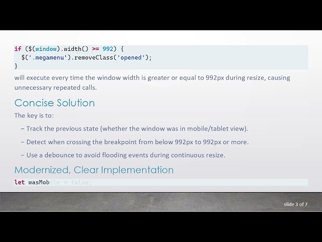 How to Detect Window Width Crossing a Threshold and Trigger an Action in JavaScript