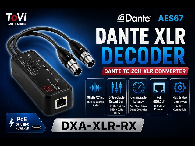 Convert Dante Audio to XLR 96kHz/24-bit, AES67 & PoE | ToVi DXA-XLR-RX