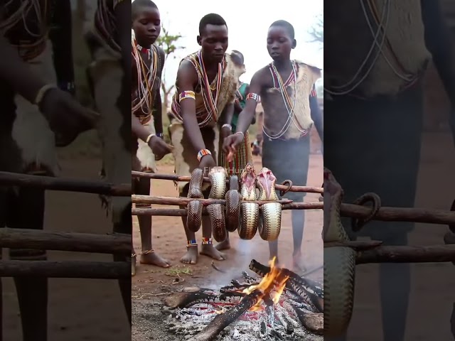 African Village Feast – Roasting a Giant Snake Over Open Fire.@FlavorHunts-ai