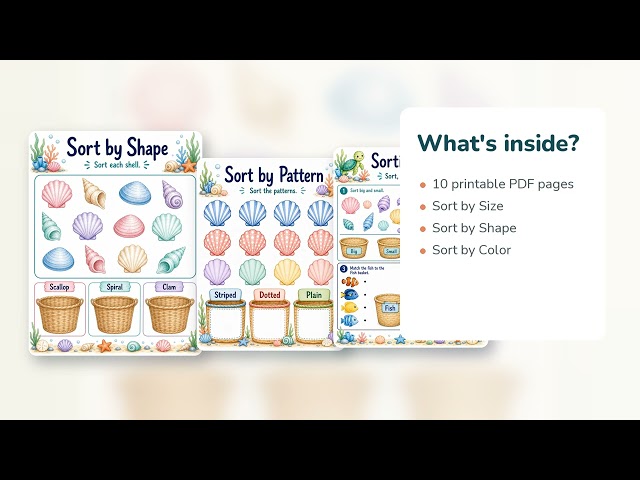 Shell Sorting Shore | Sorting Worksheets | Printable PDF | Etsy | 09