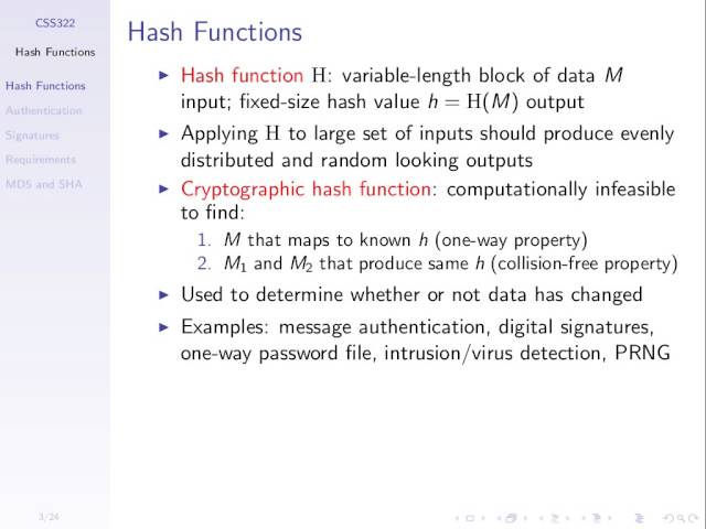 Authentication with MACs and Hash Functions (CSS322, Lecture 15, 2013)