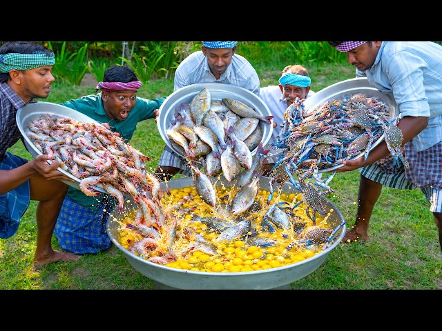 SEAFOOD OMELETTE | CRAB FISH PRAWNS Omelette Recipe Cooking in Village | Healthy Egg Omelet Recipe