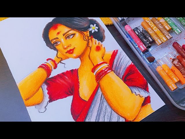 Beautiful Bengali Girl Drawing with Oil Pastels ❤️ | Easy Step-by-Step Portrait