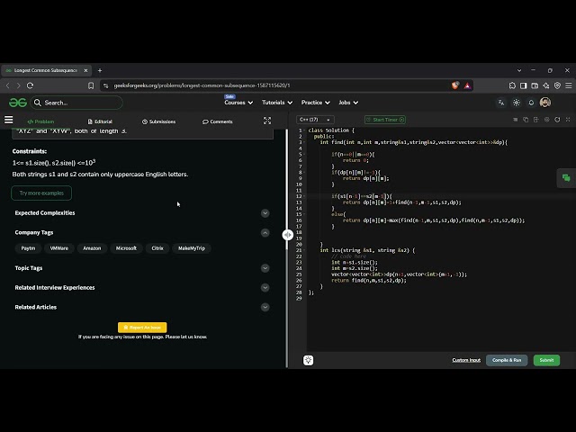 Longest Common Subsequence | GFG Solution in C++ | Dynamic Programming Explained
