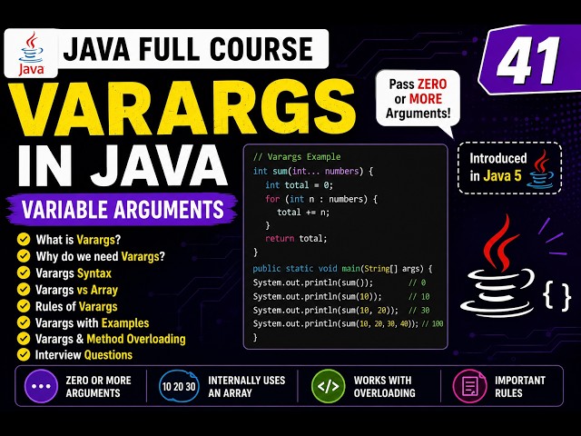 Java Full Course | 41 - Varargs in Java | Variable Arguments | Varargs Rules & Examples