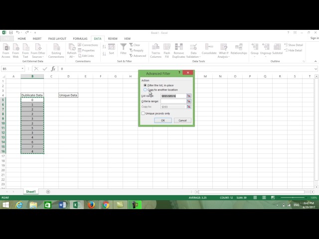 Filter Unique Values from a List in Excel 2016