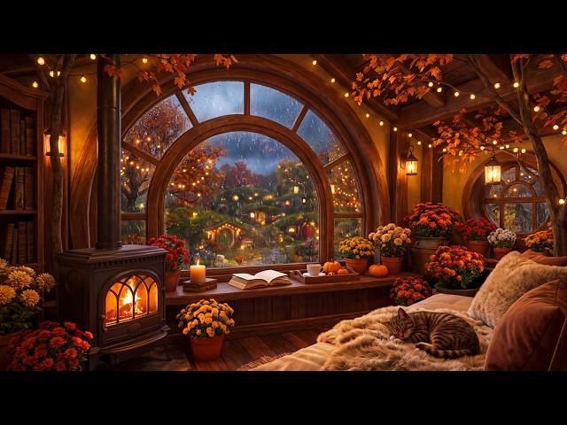 Live Cozy Autumn Rain 🍂 Fireplace Sounds for Sleeping