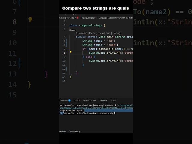Compare two strings In Java | #shorts #short  #code #program #coding #javascript