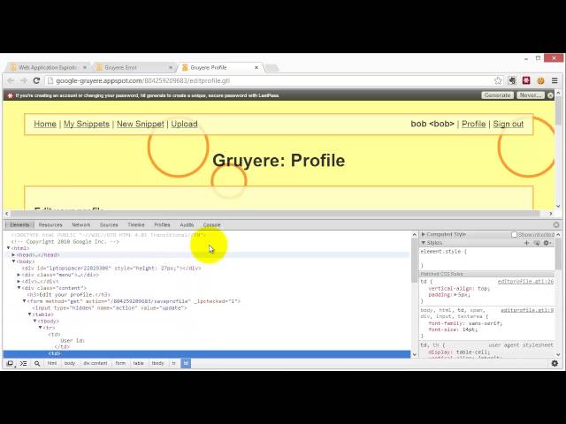 An exploratory Technical Web Testing session using Gruyere and Google Chrome