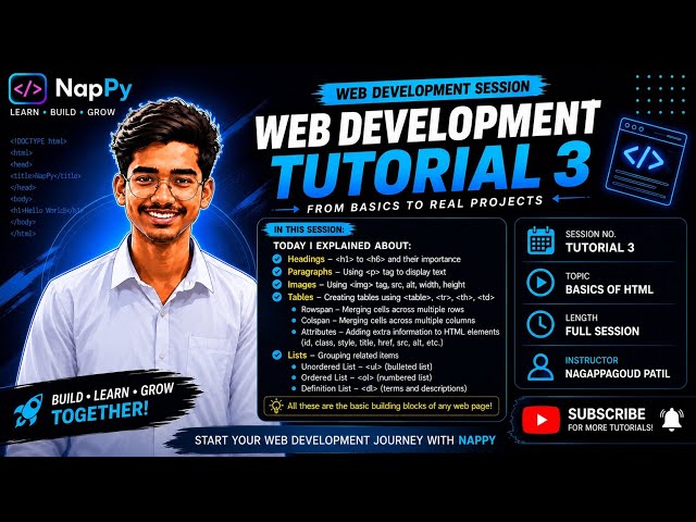 Web Development Tutorial #3 | HTML Headings, Paragraphs, Images, Tables, Attributes & Lists | NapPy