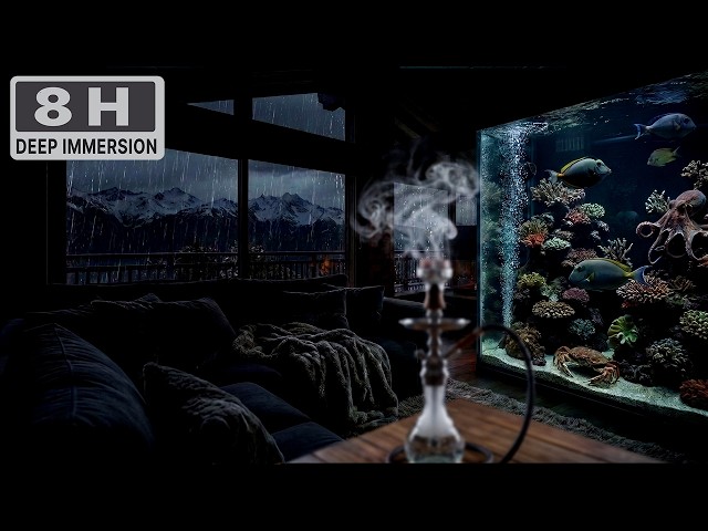 Dark Mountain Cabin in a Heavy Storm | Cold Rain & Aquarium Sounds for Reading