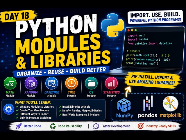 Python Modules & Libraries Tutorial | import, math, random, datetime & pip | Day 17