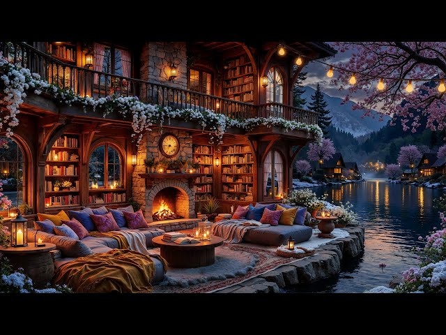 Fireside Jazz Ambience on a Cozy Lakeside Porch 🌿 Relaxing Jazz Music & Wind Sounds for Reading