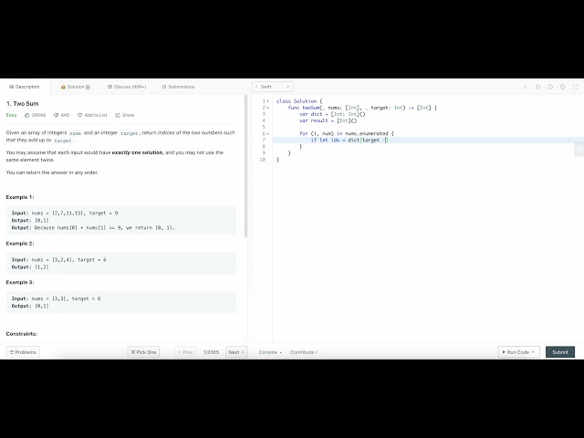 LeetCode Problem 1. Two Sum - Solution - Swift