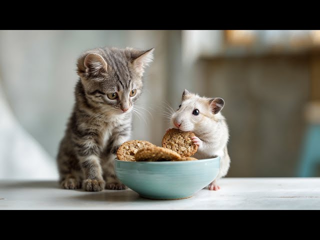 Kitten Looks Confused as Hamster Takes the Biggest Cookie