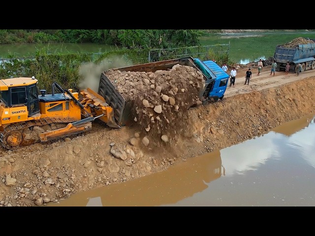 Skill Driver Dozer Help Dump Truck Have Problem When Drive Back Unloading Soil