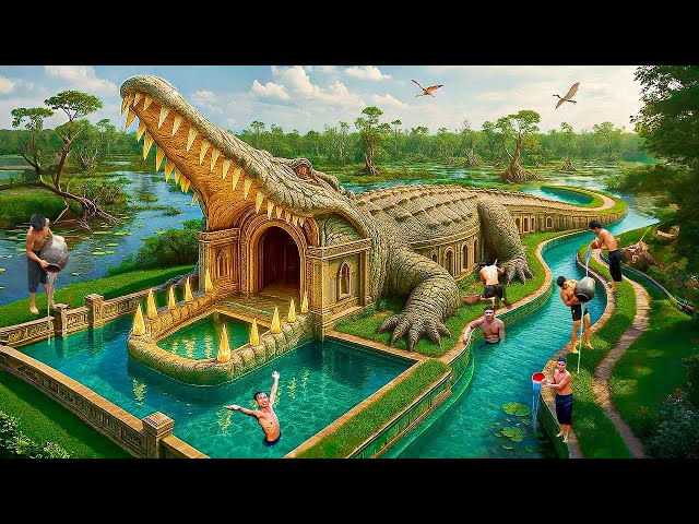 200 Days Building an Underground Crocodile - Shaped Pool with a Slide System Using Primitive Tools