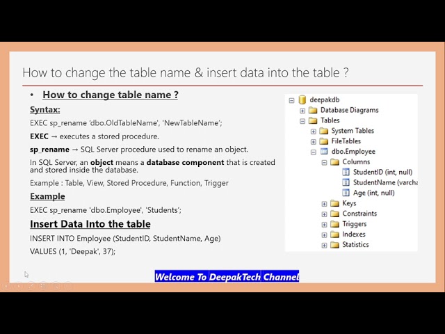 Part 2 Change Database Name, Table Name and insert data into the table