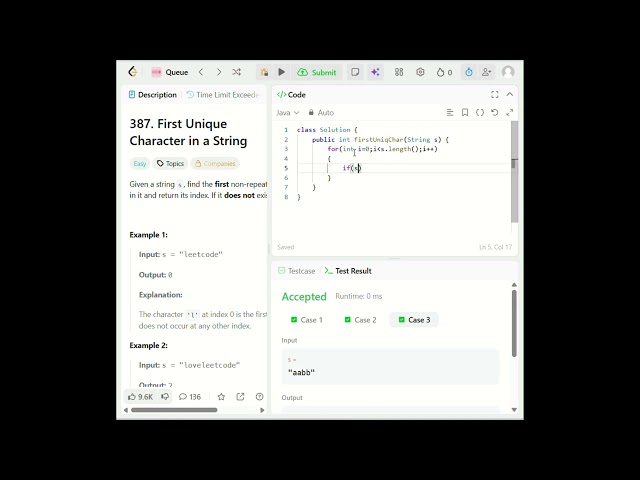 First Unique Character in  String |LeetCode 387|Java String Approach #coding #java  #programming