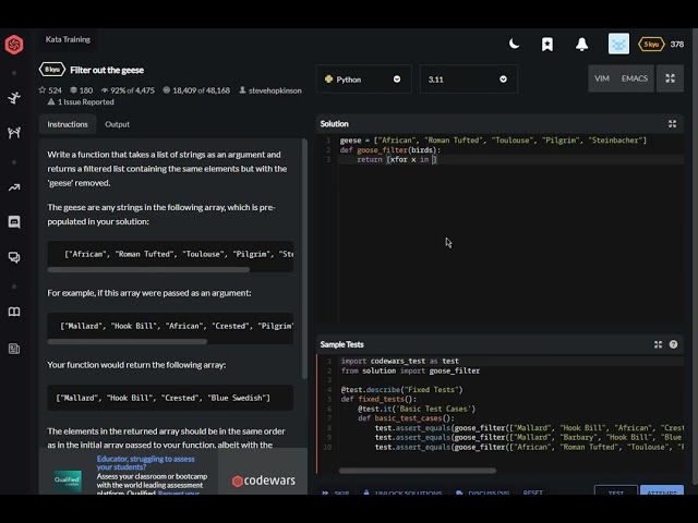 codewars python Filter out the geese