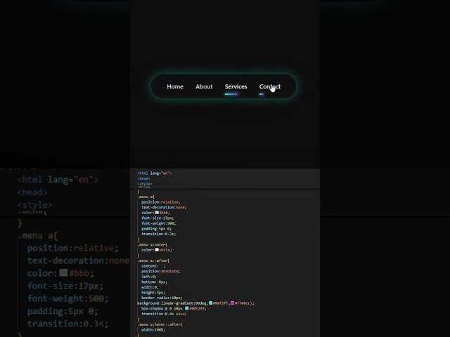 Glowing Navbar Hover Effect ✨ | HTML CSS Menu Animation #shorts#youtubeshorts#coding