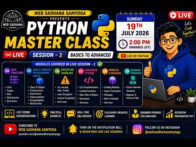 Python Live Master Class🔴| SESSION -2 | Python Basics to Advanced | 12 July 2026 | 2 PM Onwards