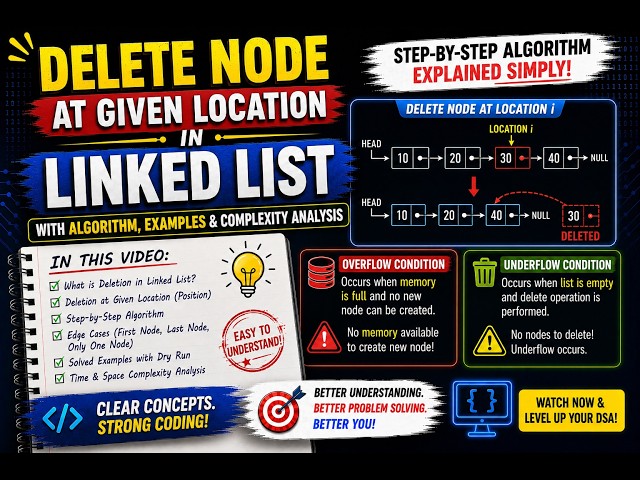 Lecture 22 Deletion at Given Location in Linked List | Algorithm, Examples & Complexity | DSA