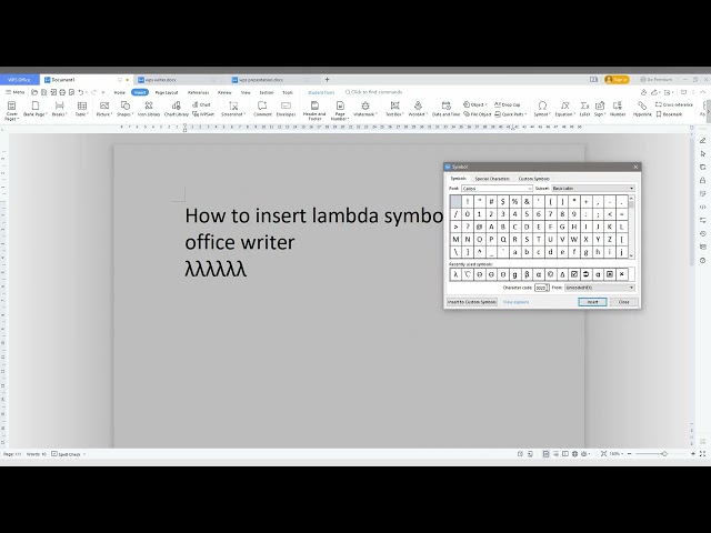 How to insert lambda symbol in wps office writer