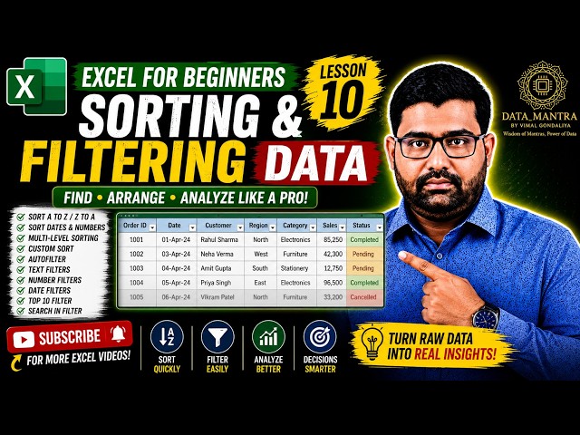 Excel for Beginners #10 | Sorting & Filtering Data in Excel | AutoFilter, Custom Sort | Hinglish