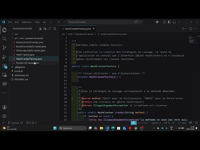PasswordCracker v1 — Mise en œuvre du patron de conception Simple Factory (Java)